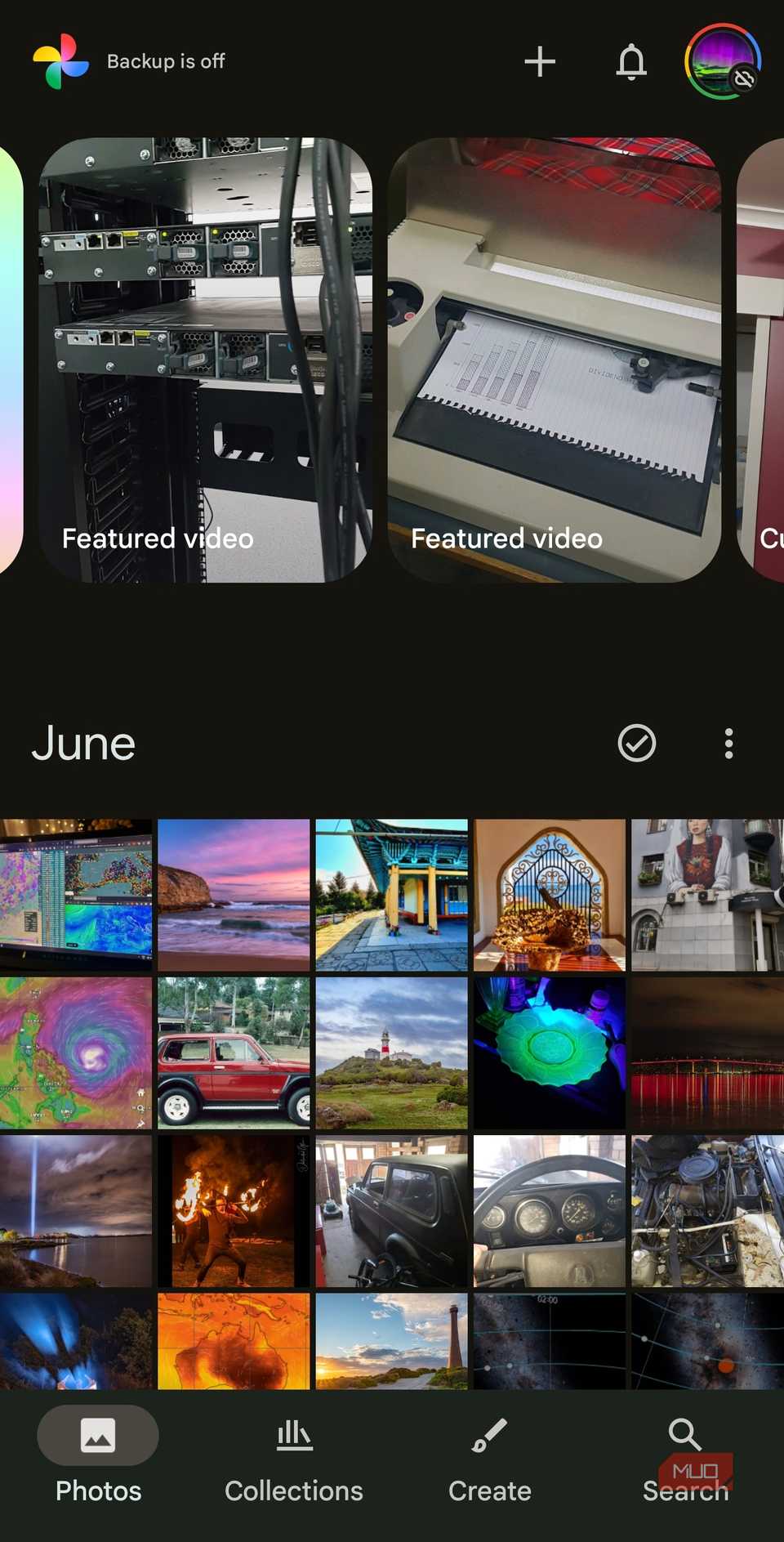 Google Photos gallery view showing backups not enabled