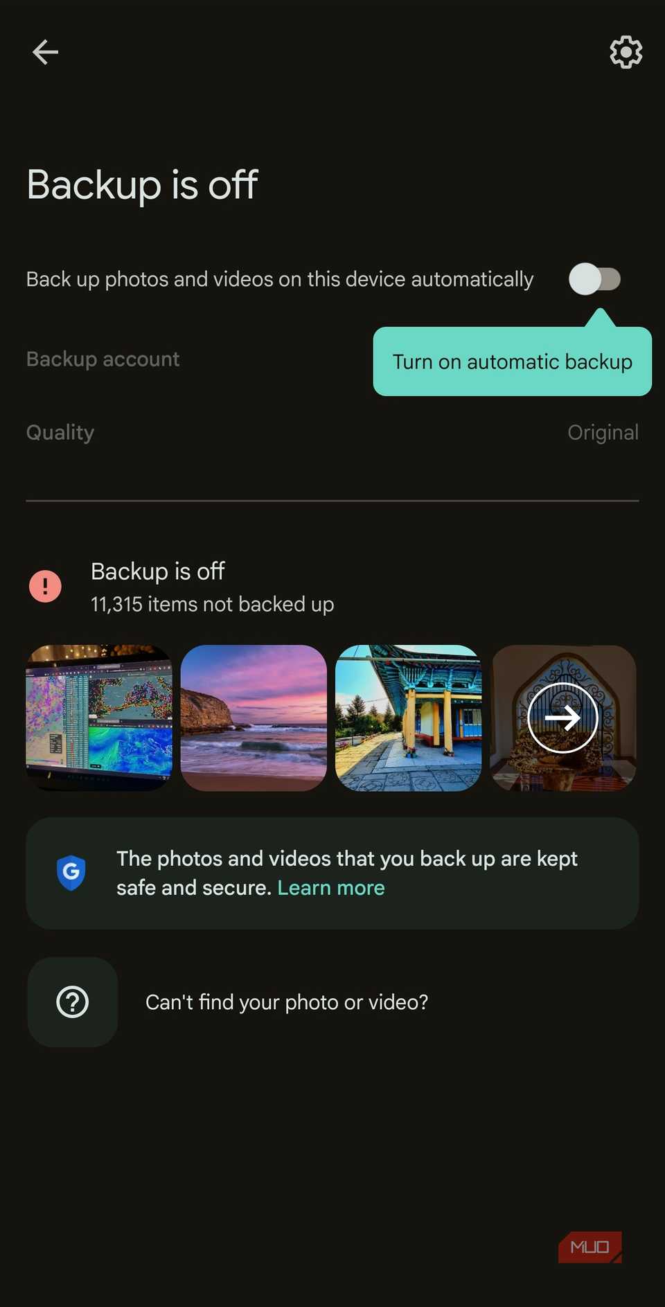 Google Photos toggle to enable backups with gallery view