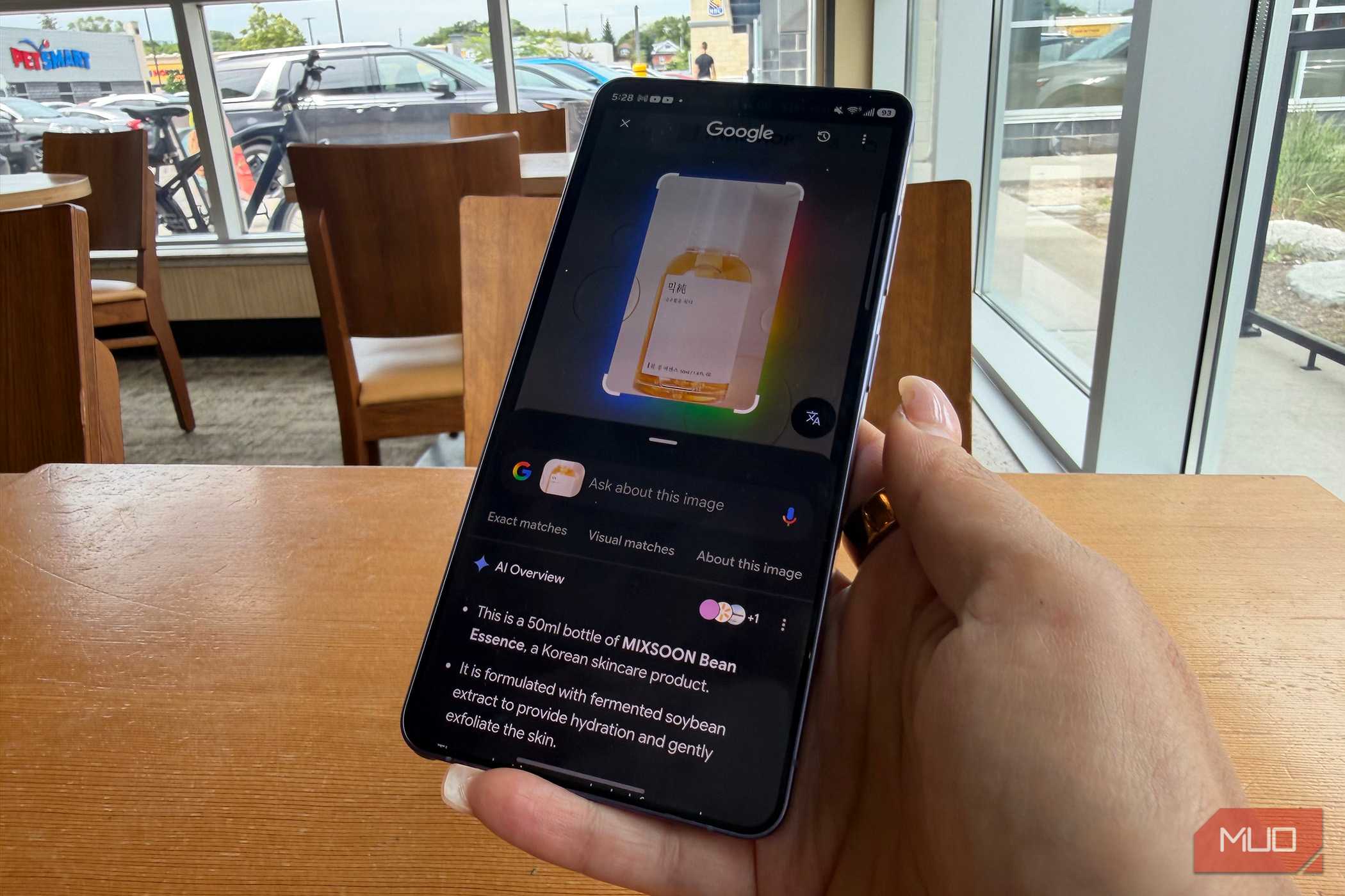 Google Circle to Search showing translation on an image on a phone.