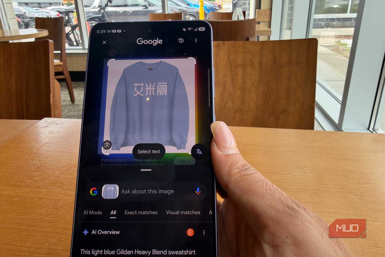 Google Circle to Search showing translation on an image on a phone.