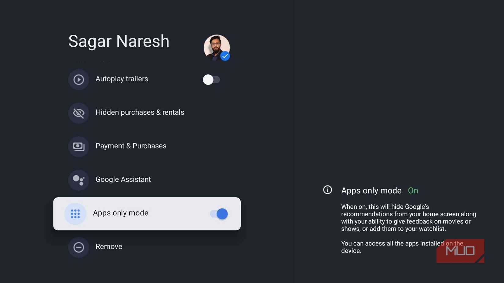 Google TV profile settings showing the Apps only mode toggle enabled