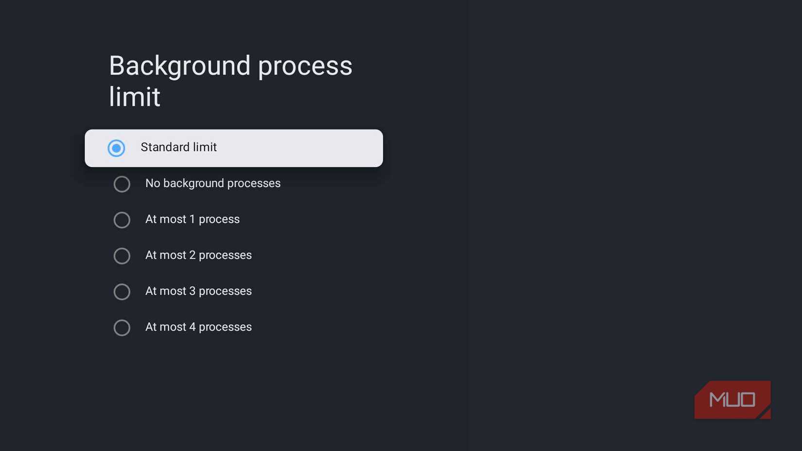 Google TV Developer Options displaying the Background process limit settings