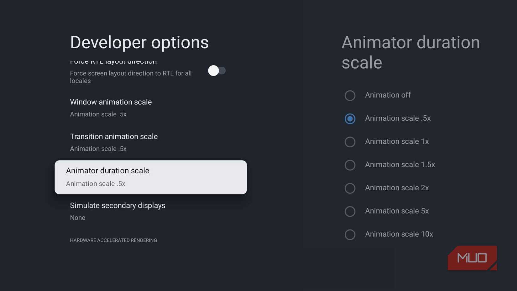 Google TV Developer Options showing the Animator duration scale set to 0.5x