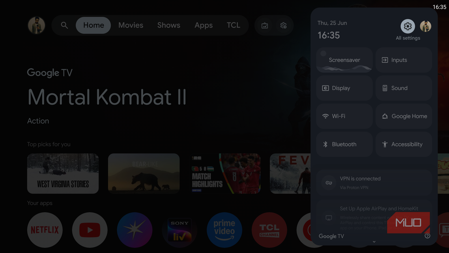 Google TV home screen settings