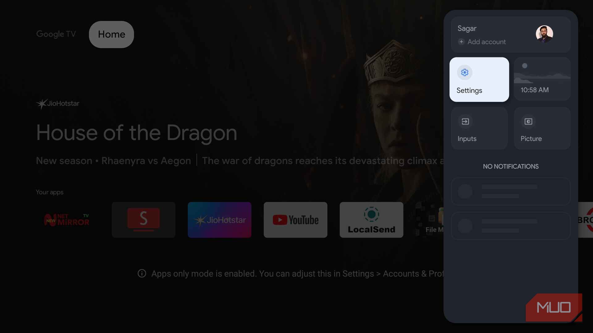 Google TV Quick Settings panel with the Settings tile selected