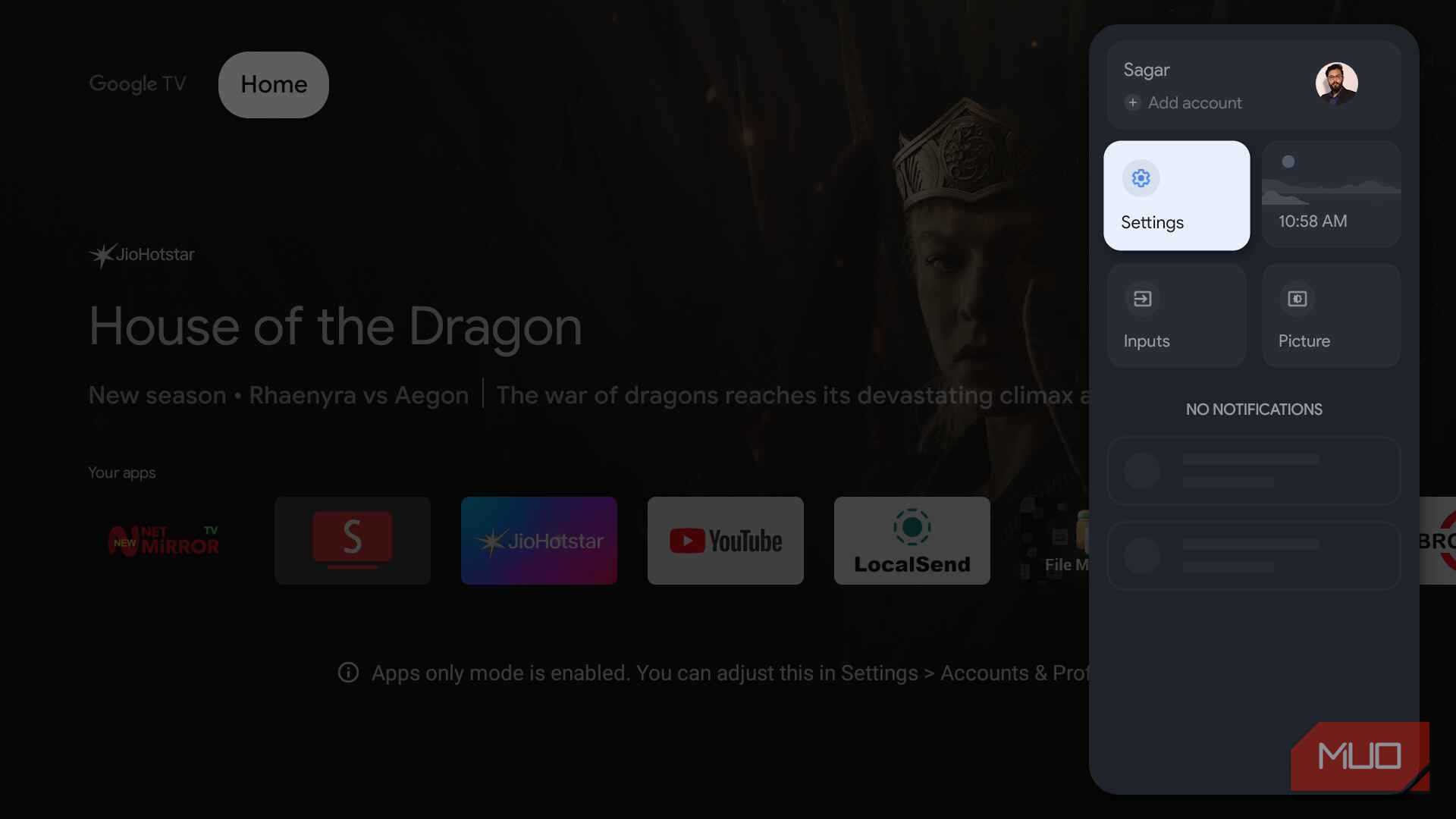 Google TV Quick Settings panel with the Settings tile selected
