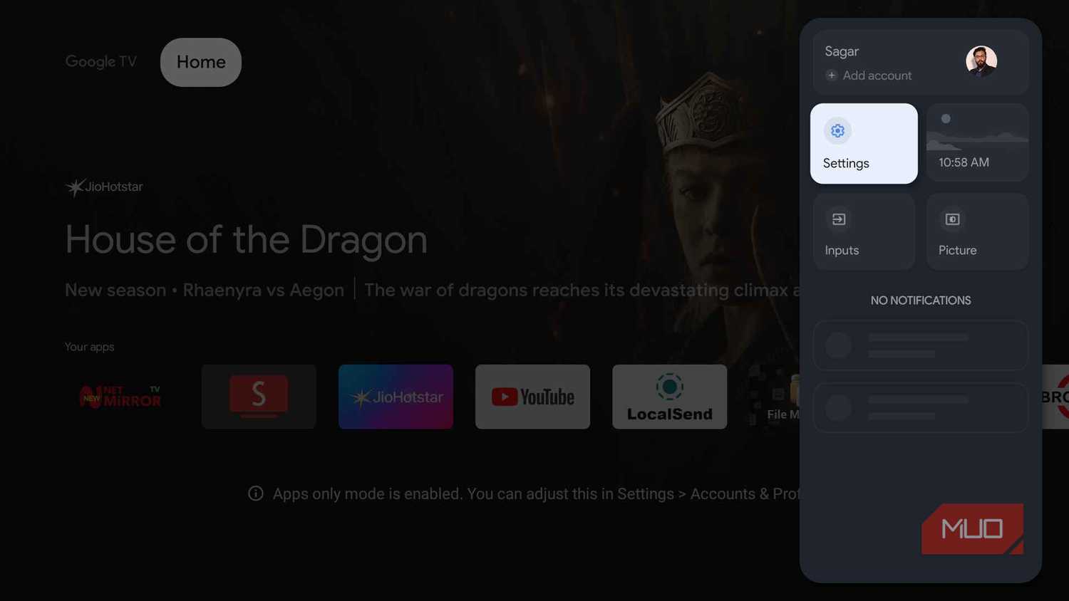 Google TV Quick Settings panel with the Settings tile selected