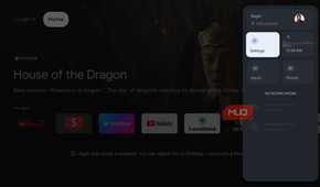 Google TV Quick Settings panel with the Settings tile selected