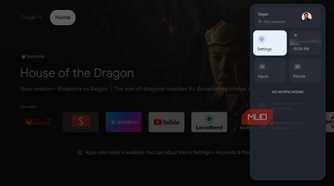 Google TV Quick Settings panel with the Settings tile selected
