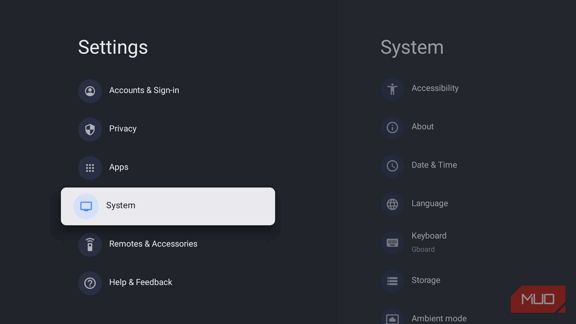 Google TV Settings menu highlighting the System section
