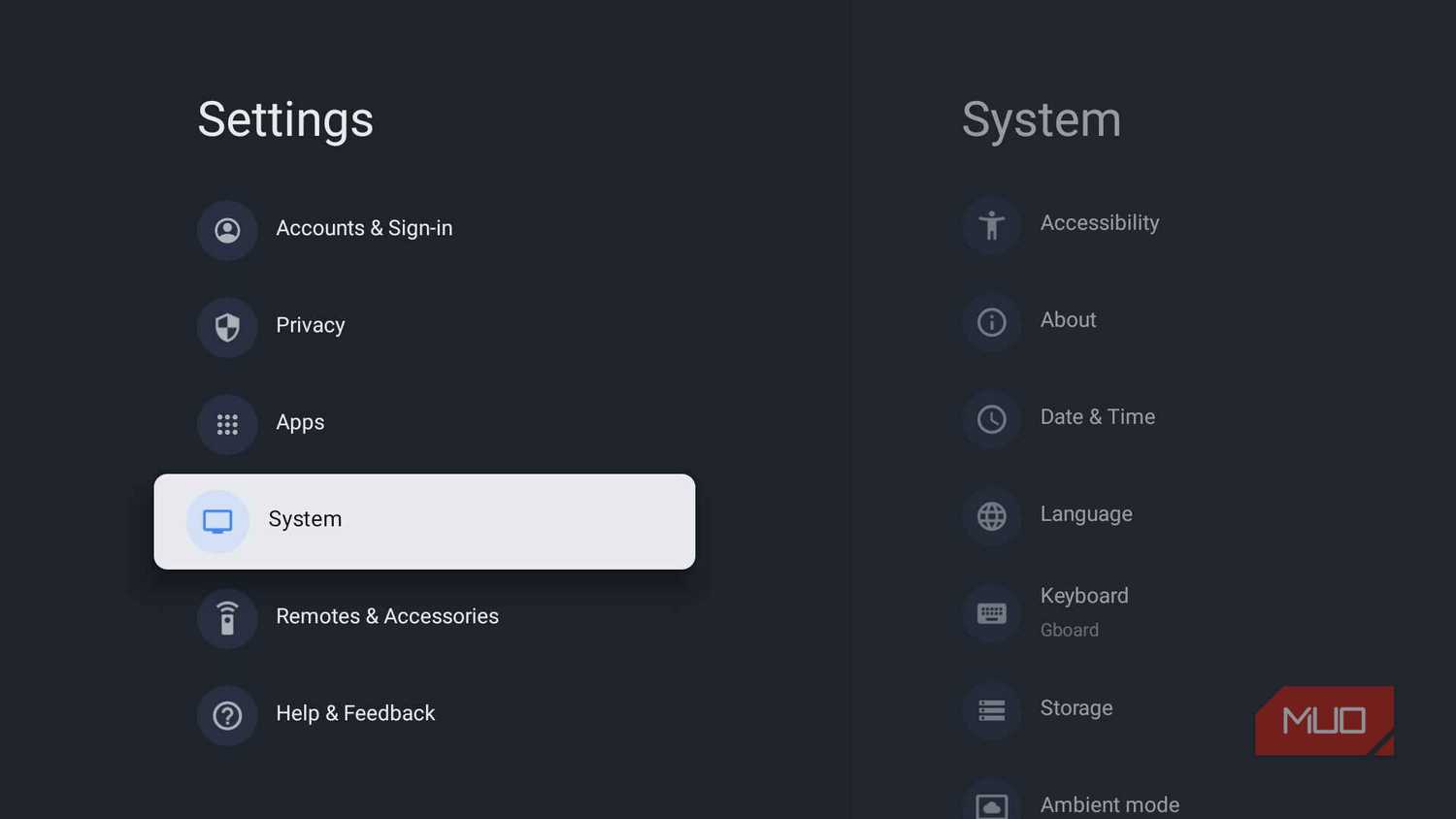 Google TV Settings menu highlighting the System section