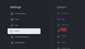 Google TV Settings menu highlighting the System section