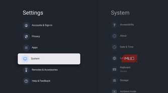 Google TV Settings menu highlighting the System section