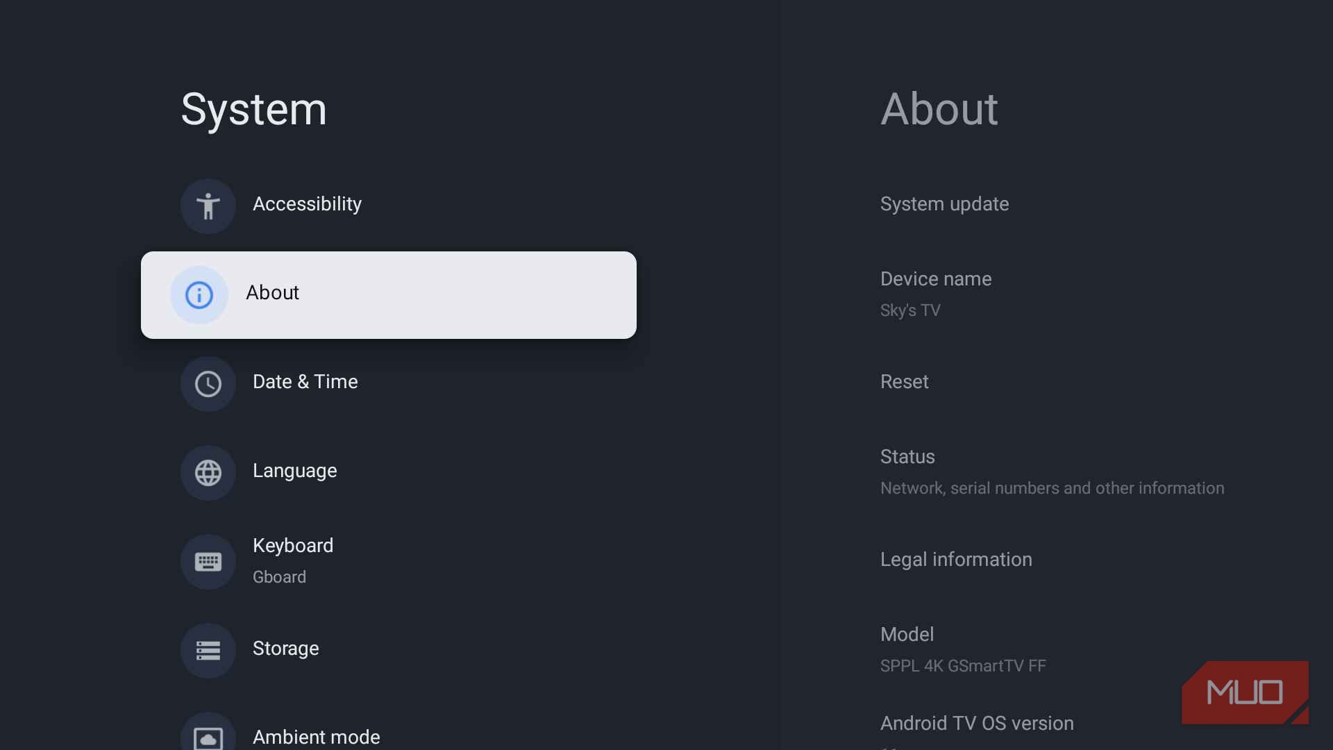 Google TV System settings with the About section highlighted