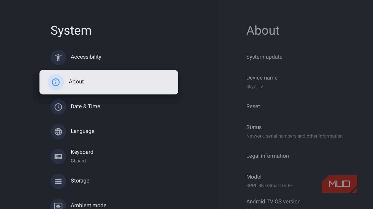 Google TV System settings with the About section highlighted