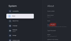 Google TV System settings with the About section highlighted