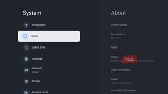 Google TV System settings with the About section highlighted