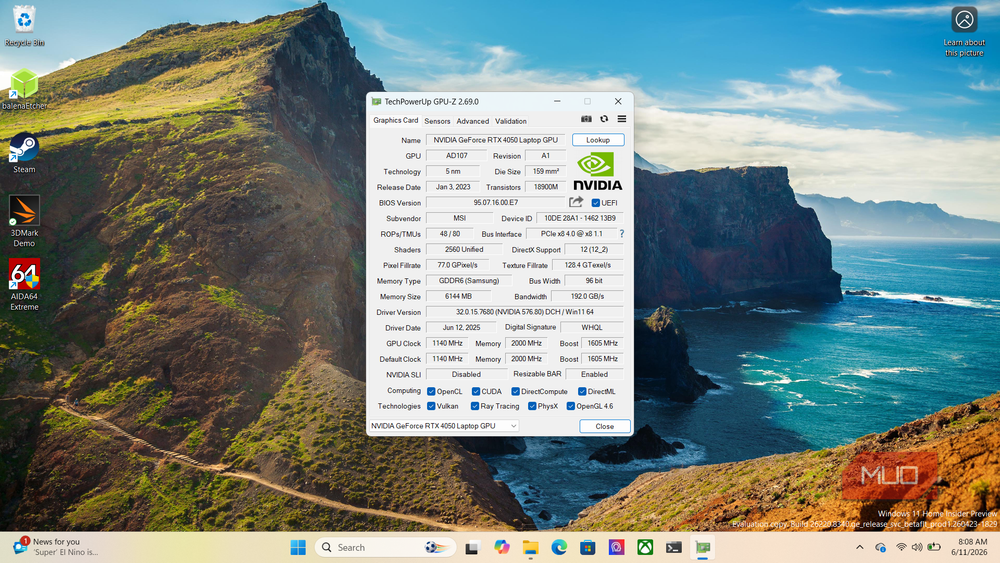 GPU-Z showing graphics card specifications and sensor readings