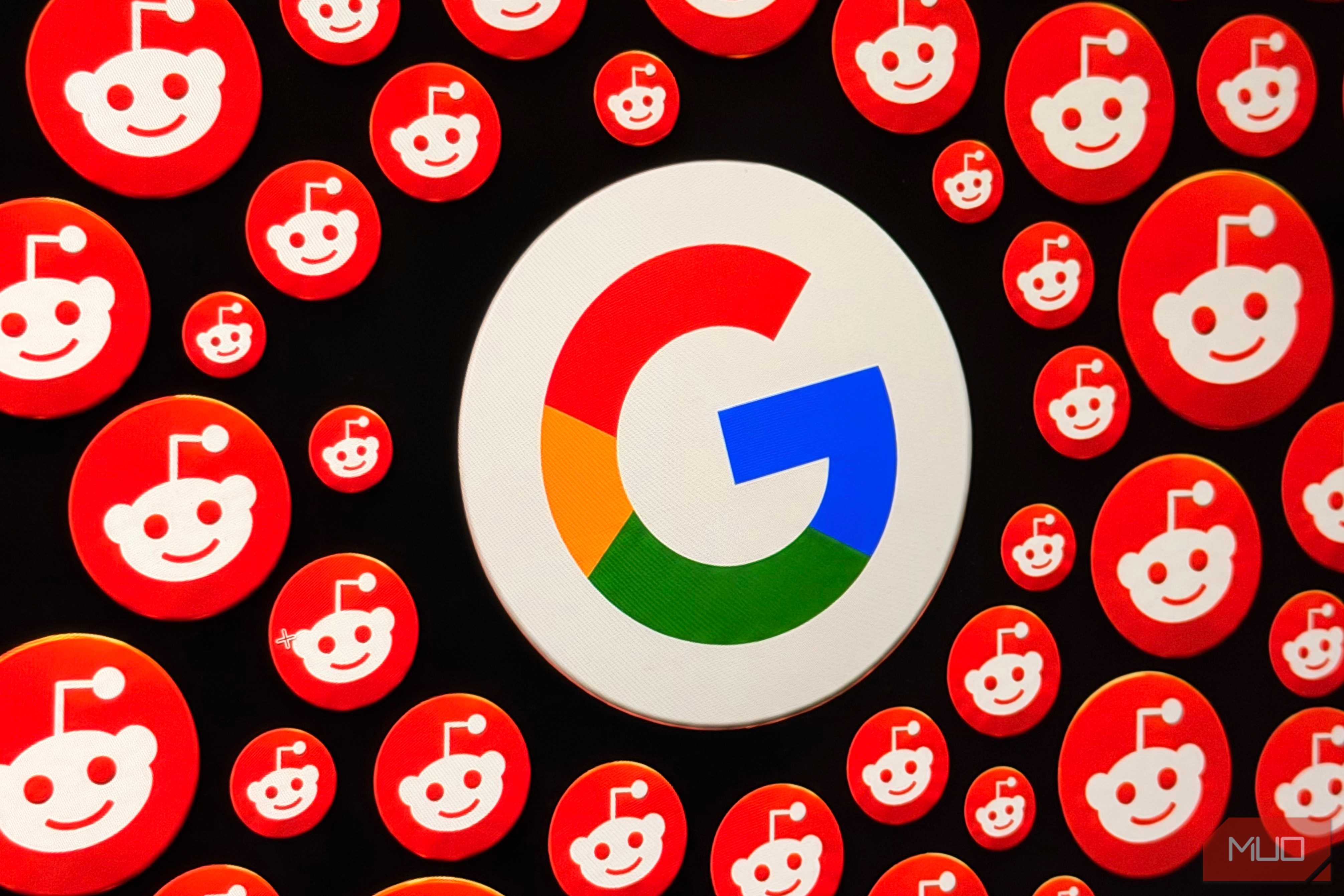 Graphic of the Google logo surrounded with smaller Reddit logos