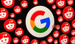 Graphic of the Google logo surrounded with smaller Reddit logos