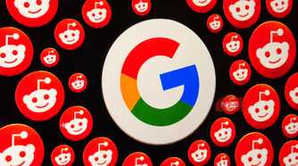 Graphic of the Google logo surrounded with smaller Reddit logos