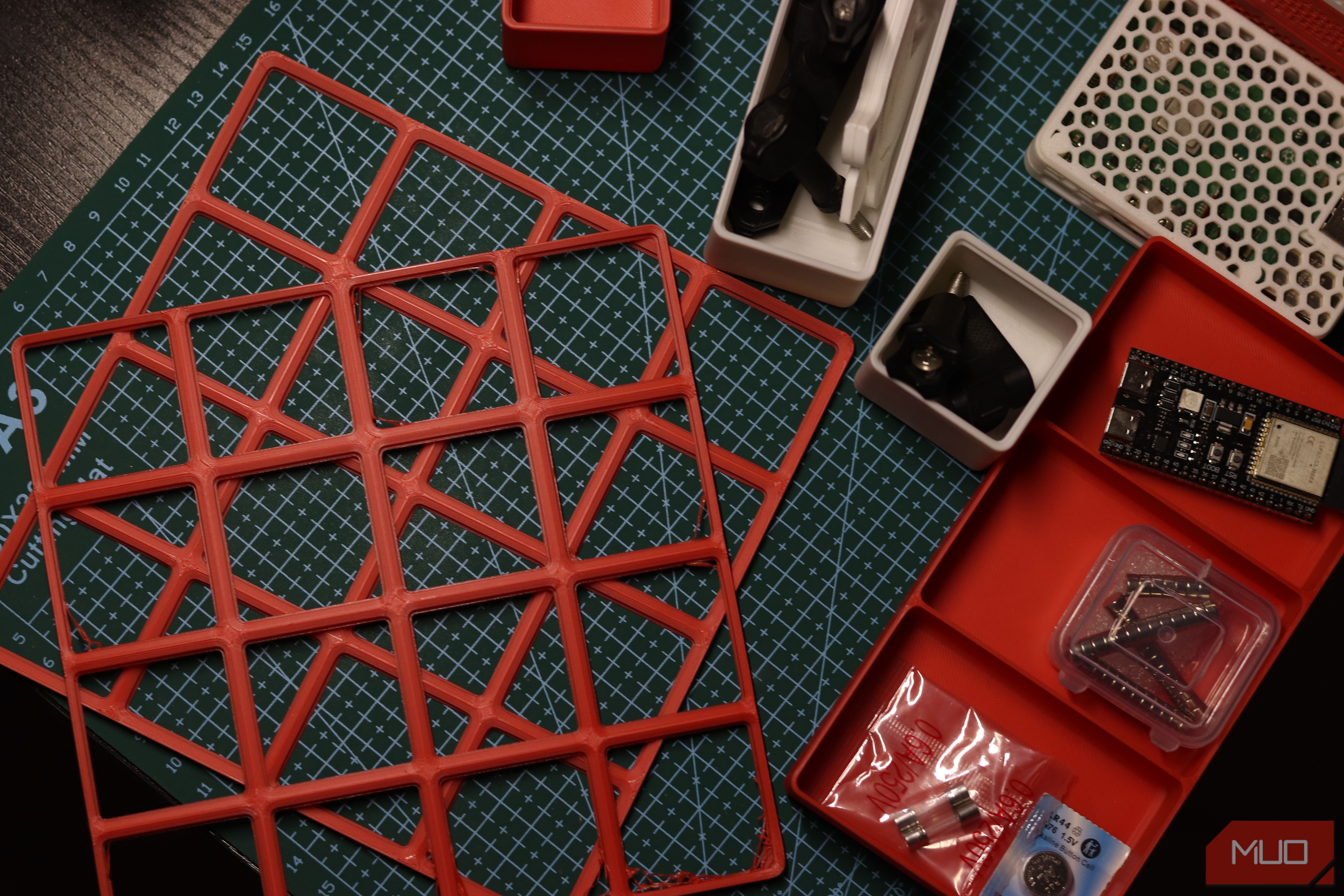 Gridfinity baseplate and bins on cutting mat.
