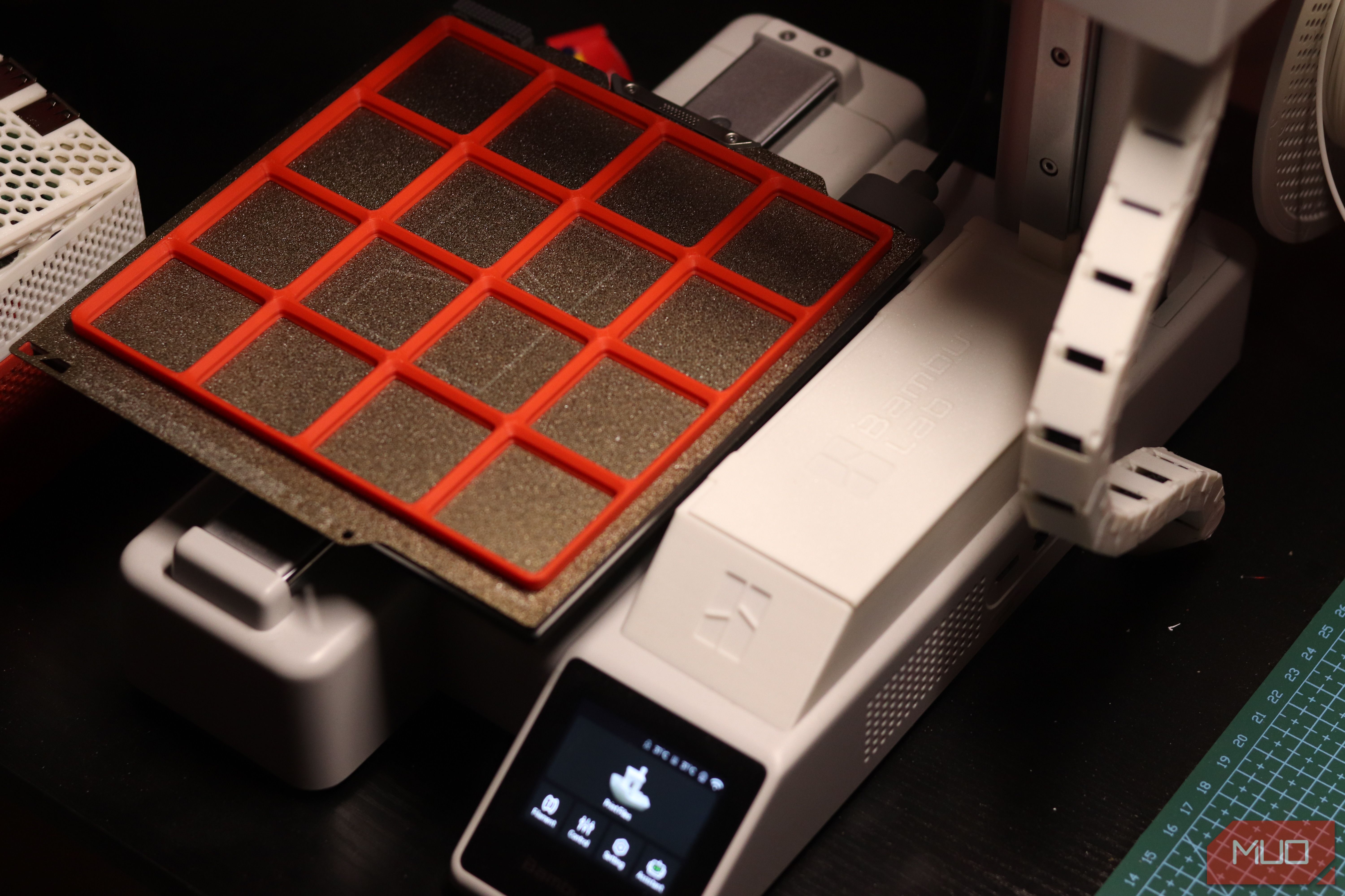Gridfinity baseplate on 3D printer.