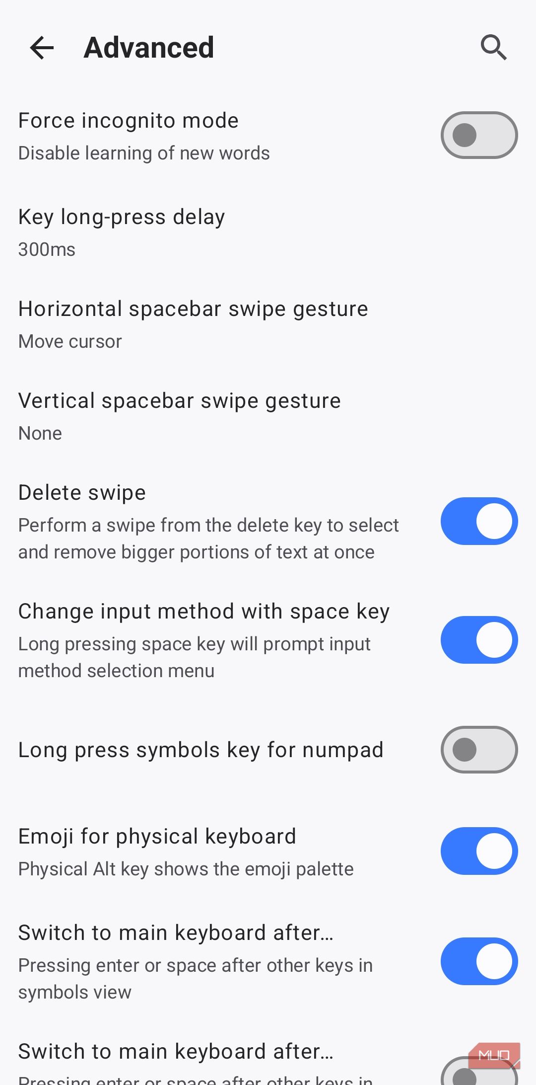 HeliBoard keyboard advanced settings menu