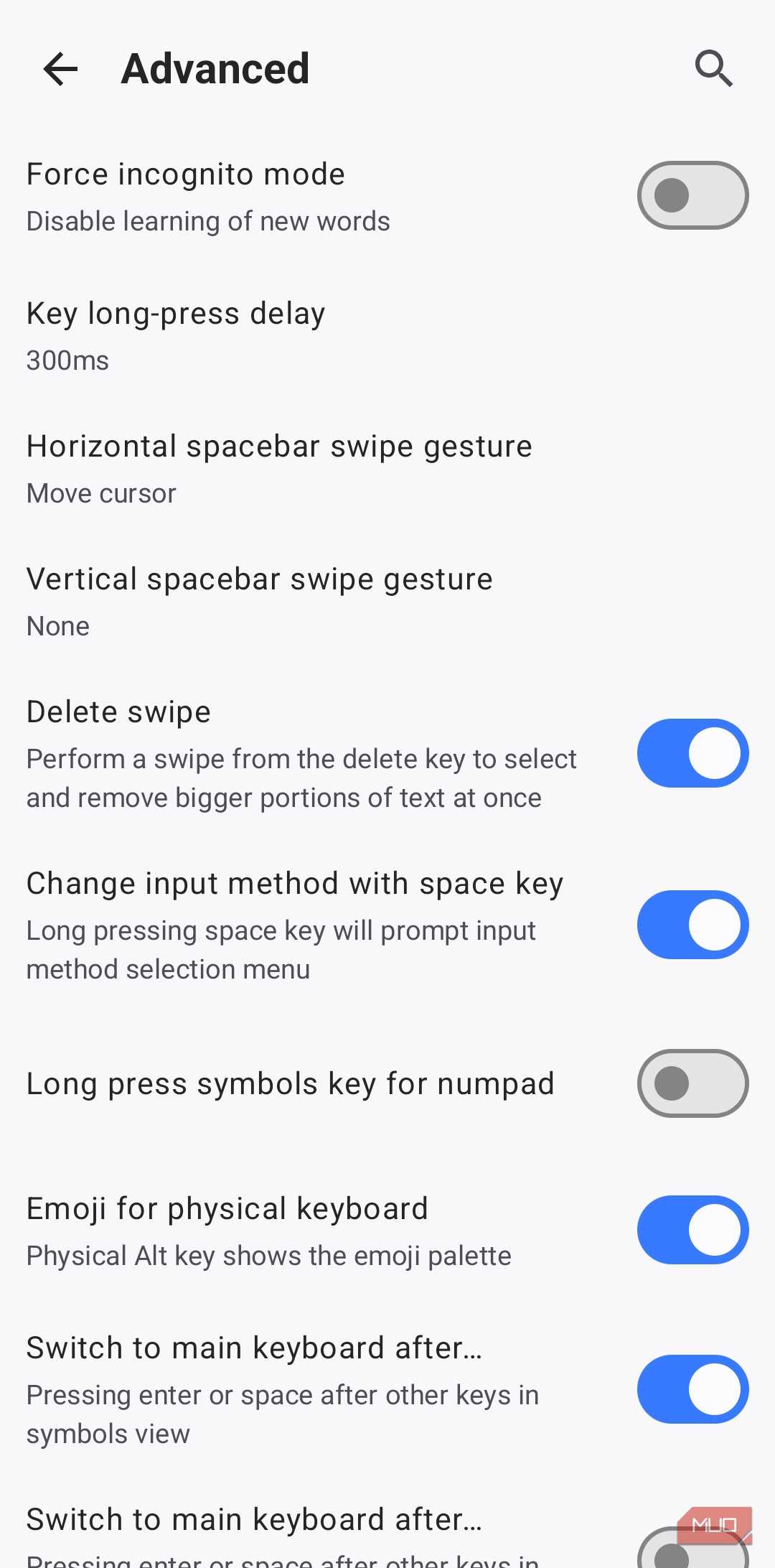 HeliBoard keyboard advanced settings menu