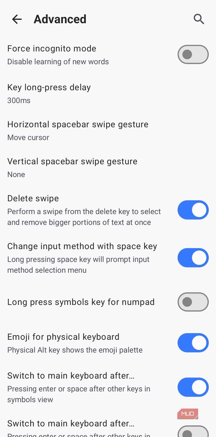 HeliBoard keyboard advanced settings menu