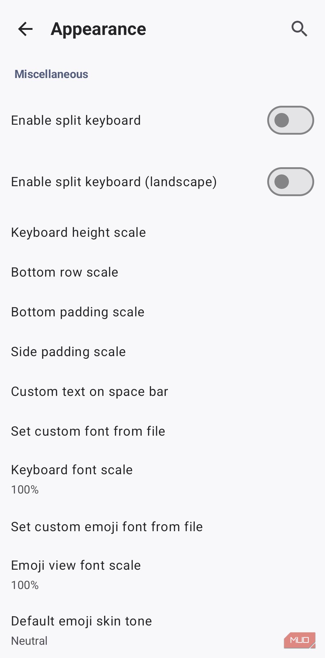 HeliBoard keyboard appearance settings menu