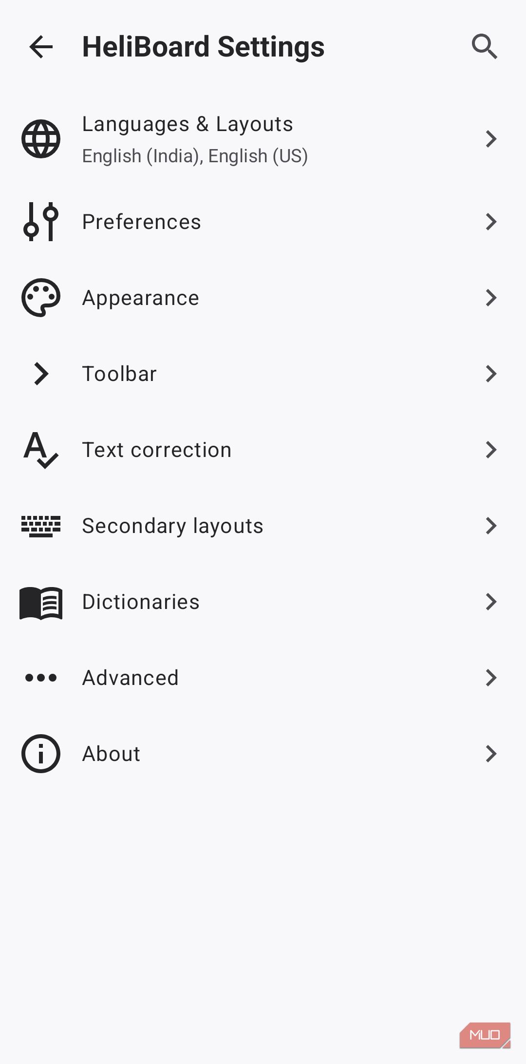HeliBoard keyboard settings menu