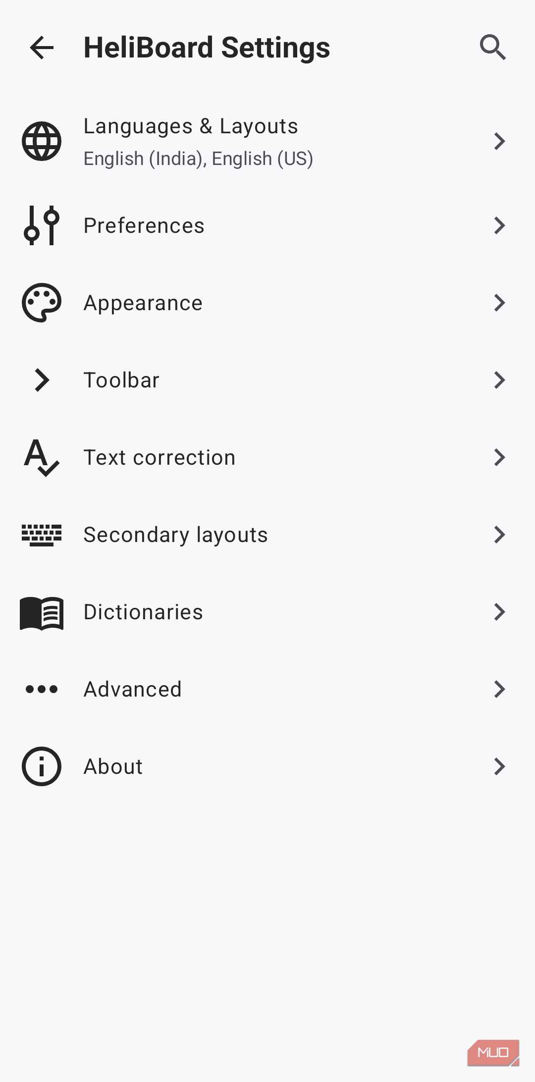 HeliBoard keyboard settings menu