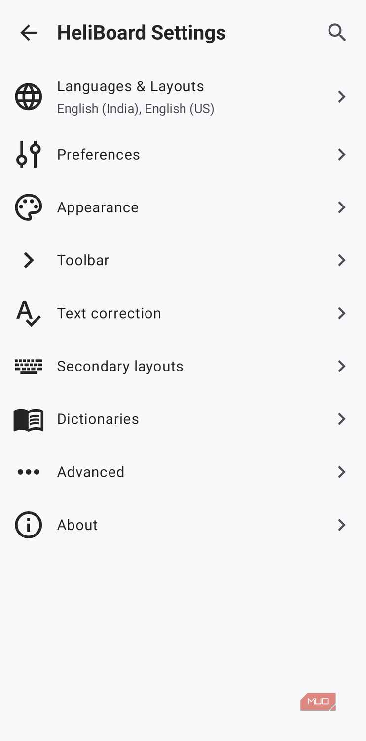 HeliBoard keyboard settings menu