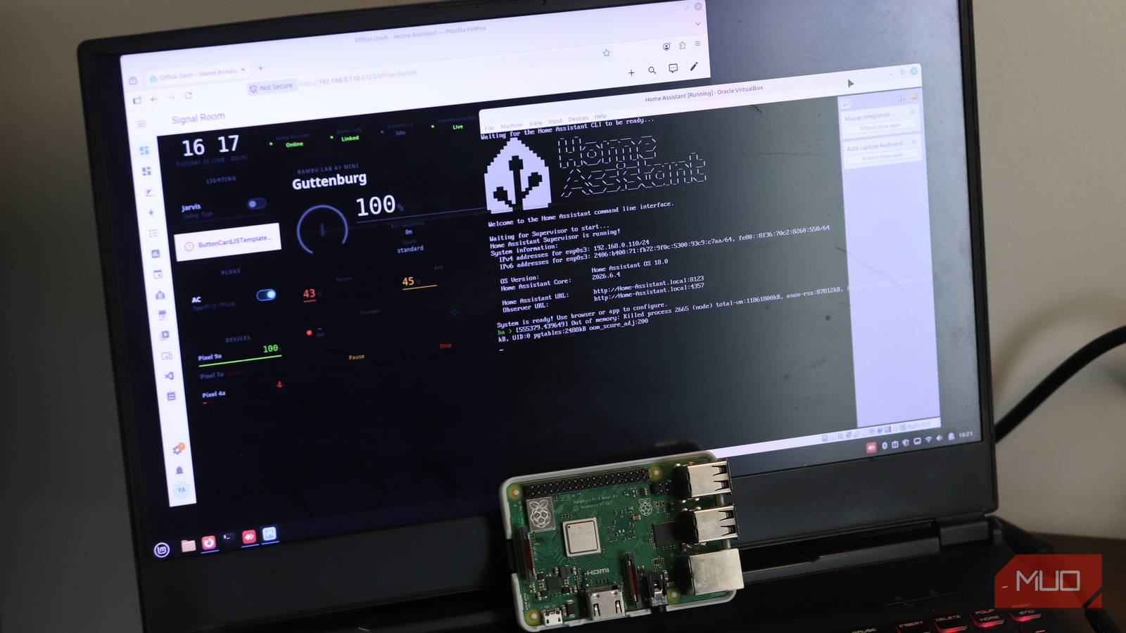 Home Assistant running on Linux laptop with Raspberry Pi in front.