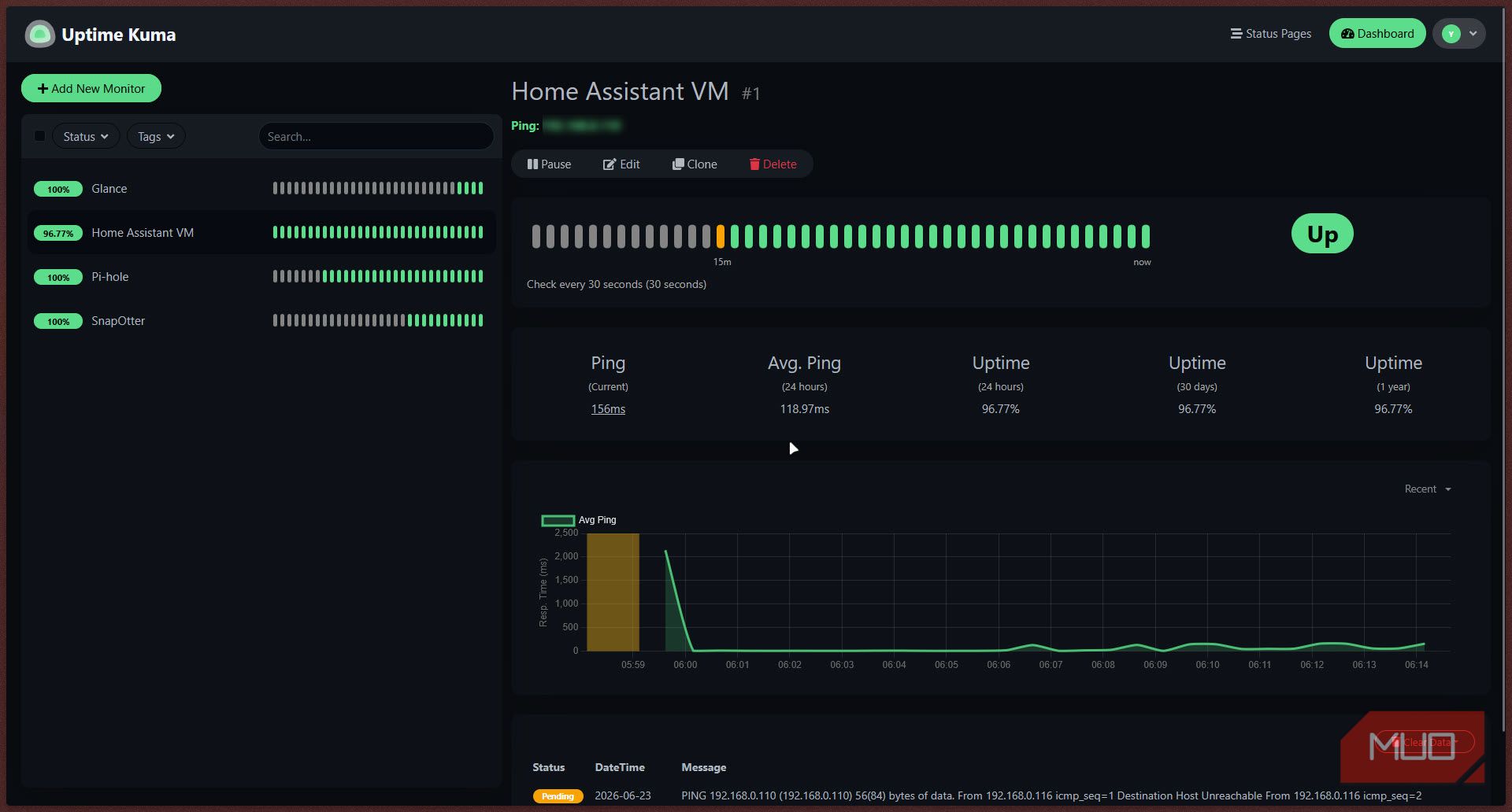 Home Assitant VM in Uptime Kuma.
