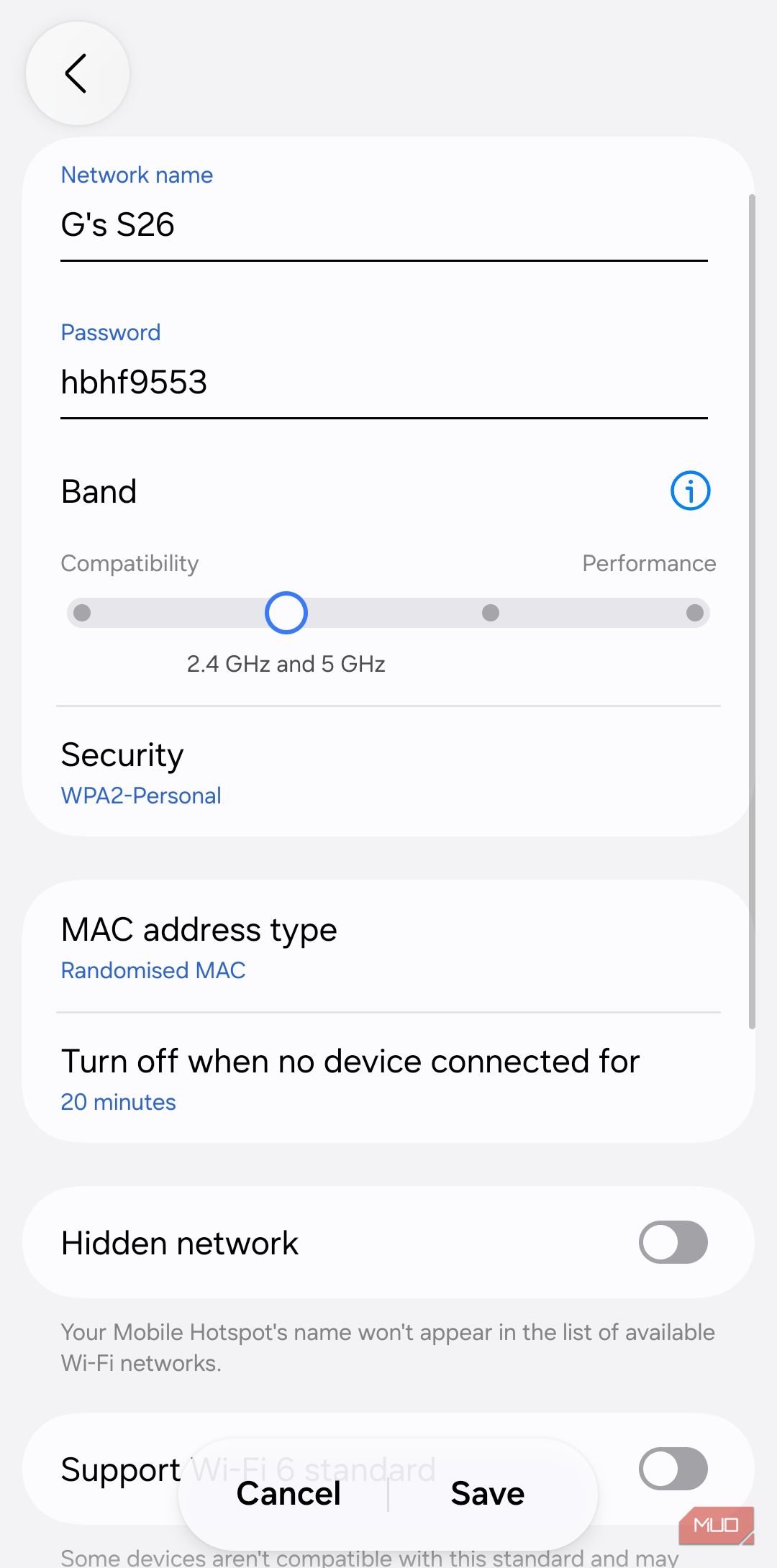 Hotspot settings on an Android phone