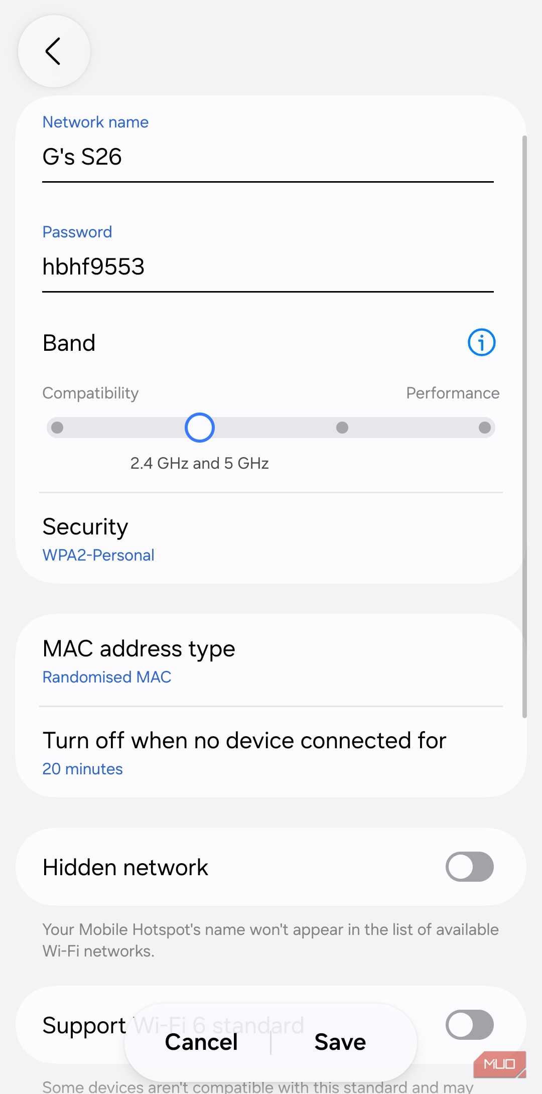 Hotspot settings on an Android phone