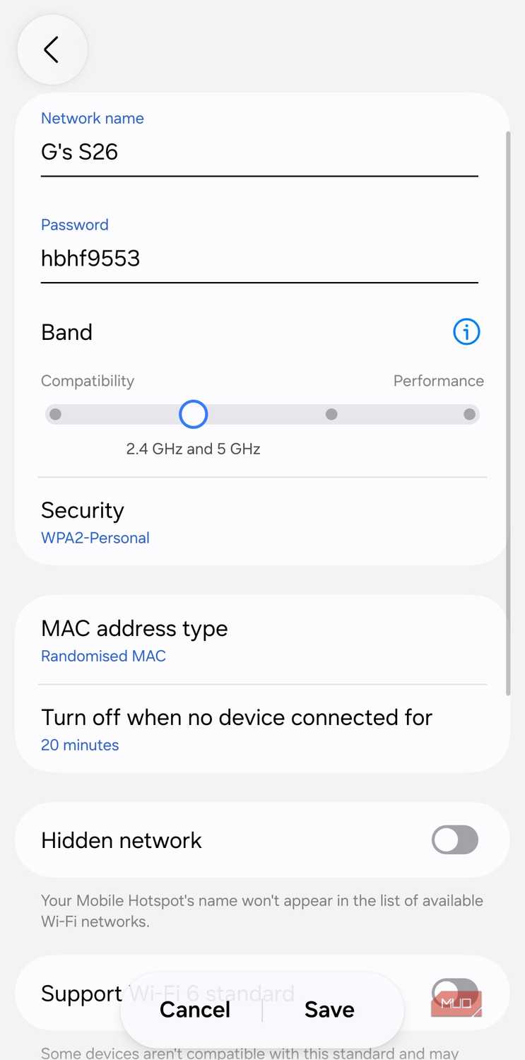 Hotspot settings on an Android phone