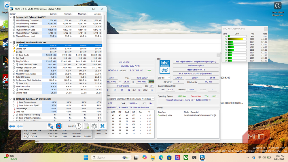 HWiNFO64 displaying system sensor data