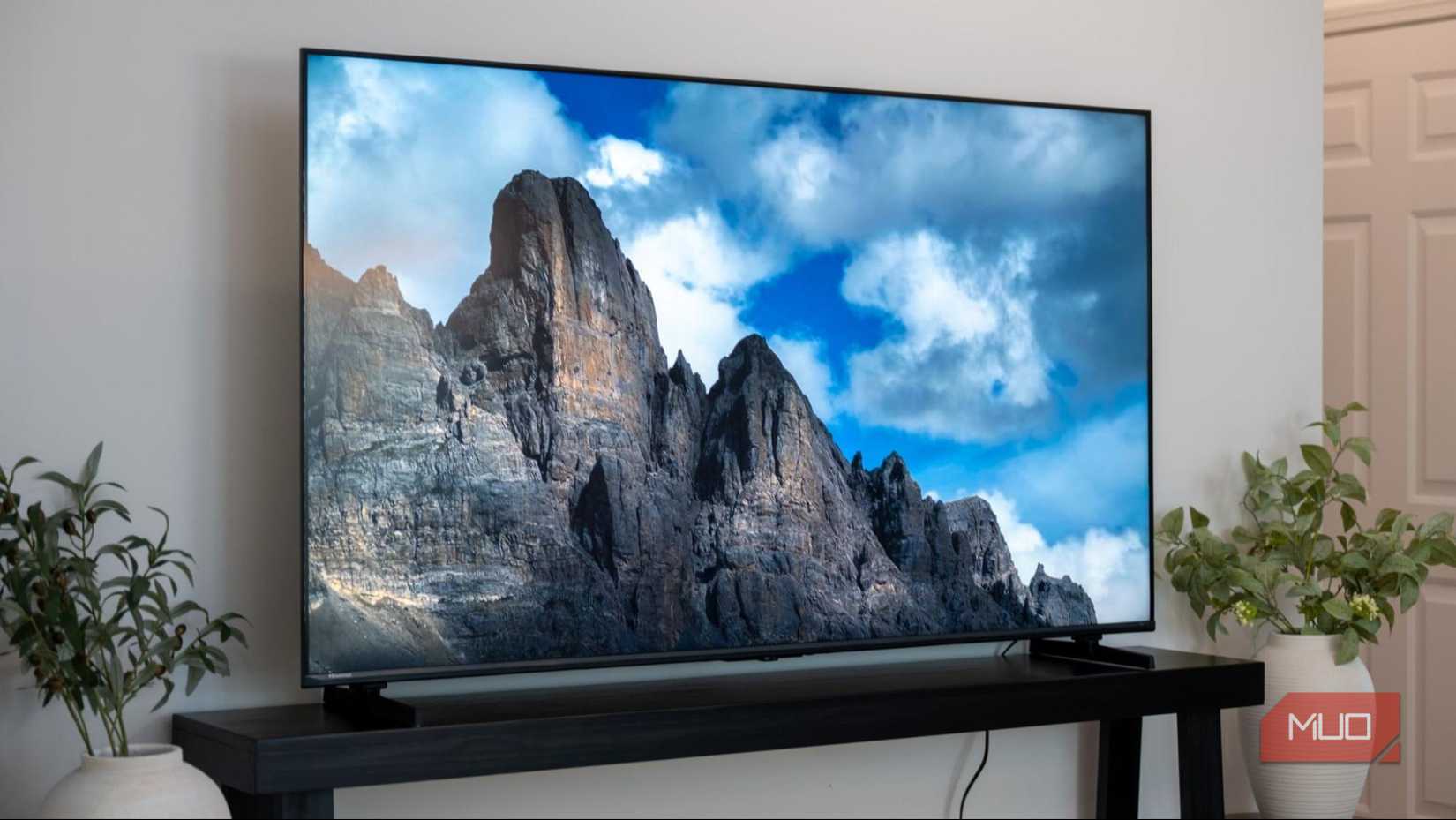 Large flat-screen television on a black stand displaying a mountain landscape beneath a bright blue sky with clouds. Decorative potted plants sit on either side of the TV against a white wall.