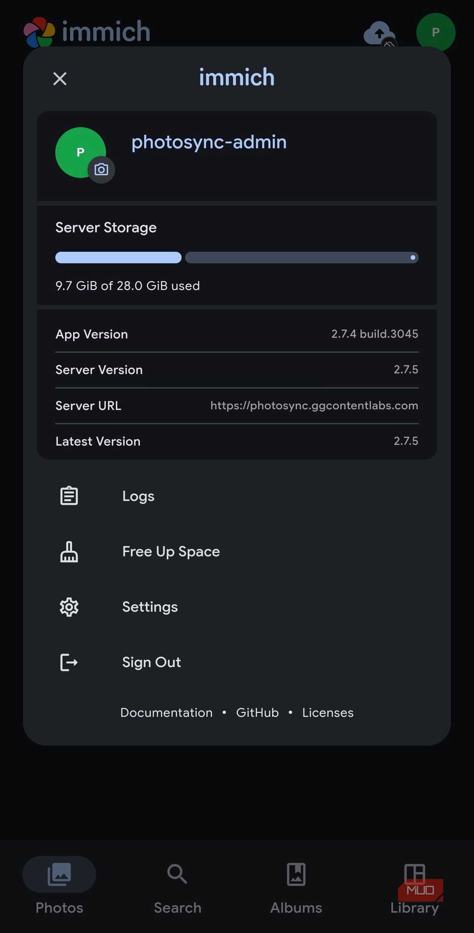 Immich mobile app with account and server details