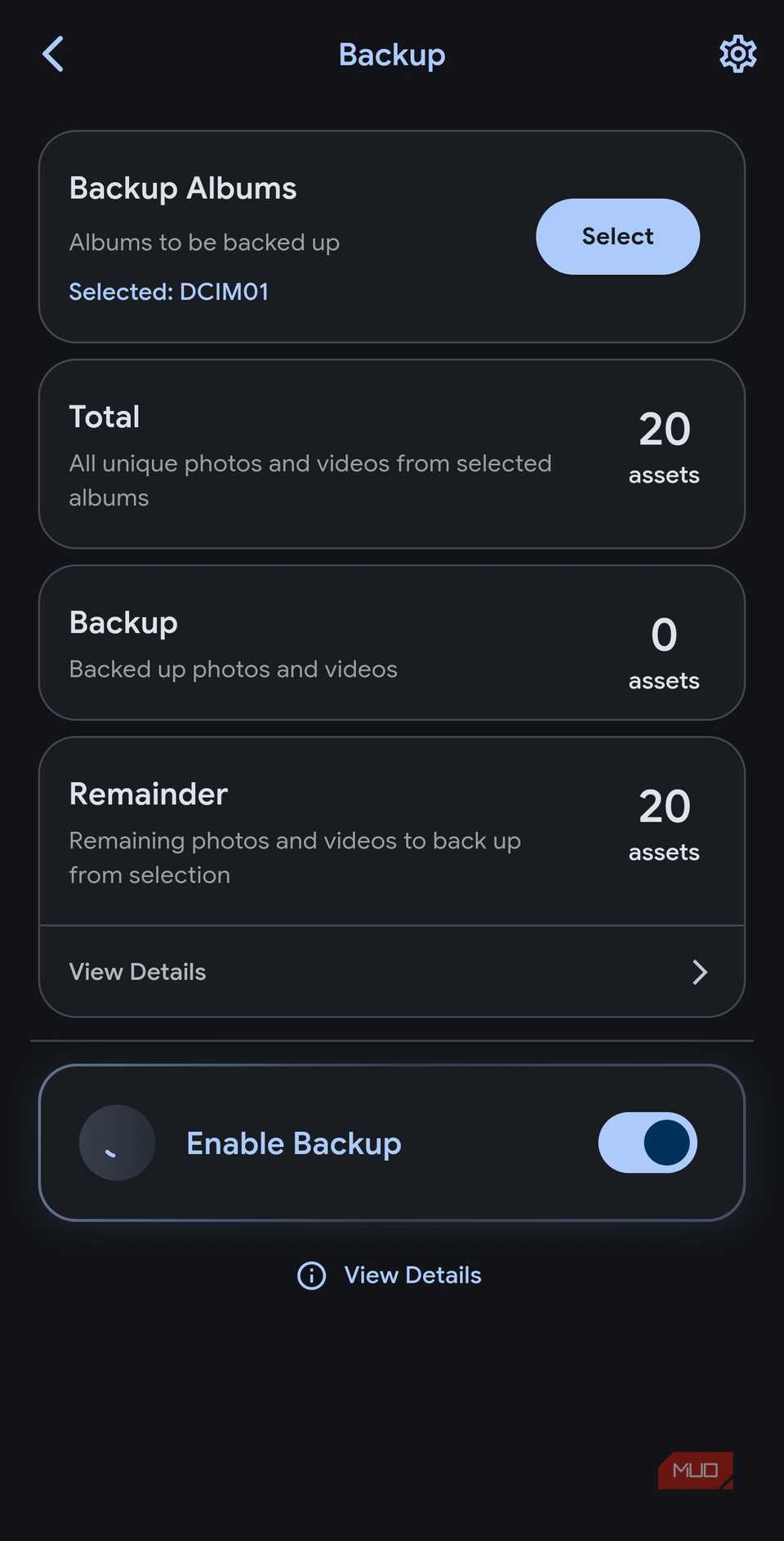Immich mobile app showing backup settings and progress