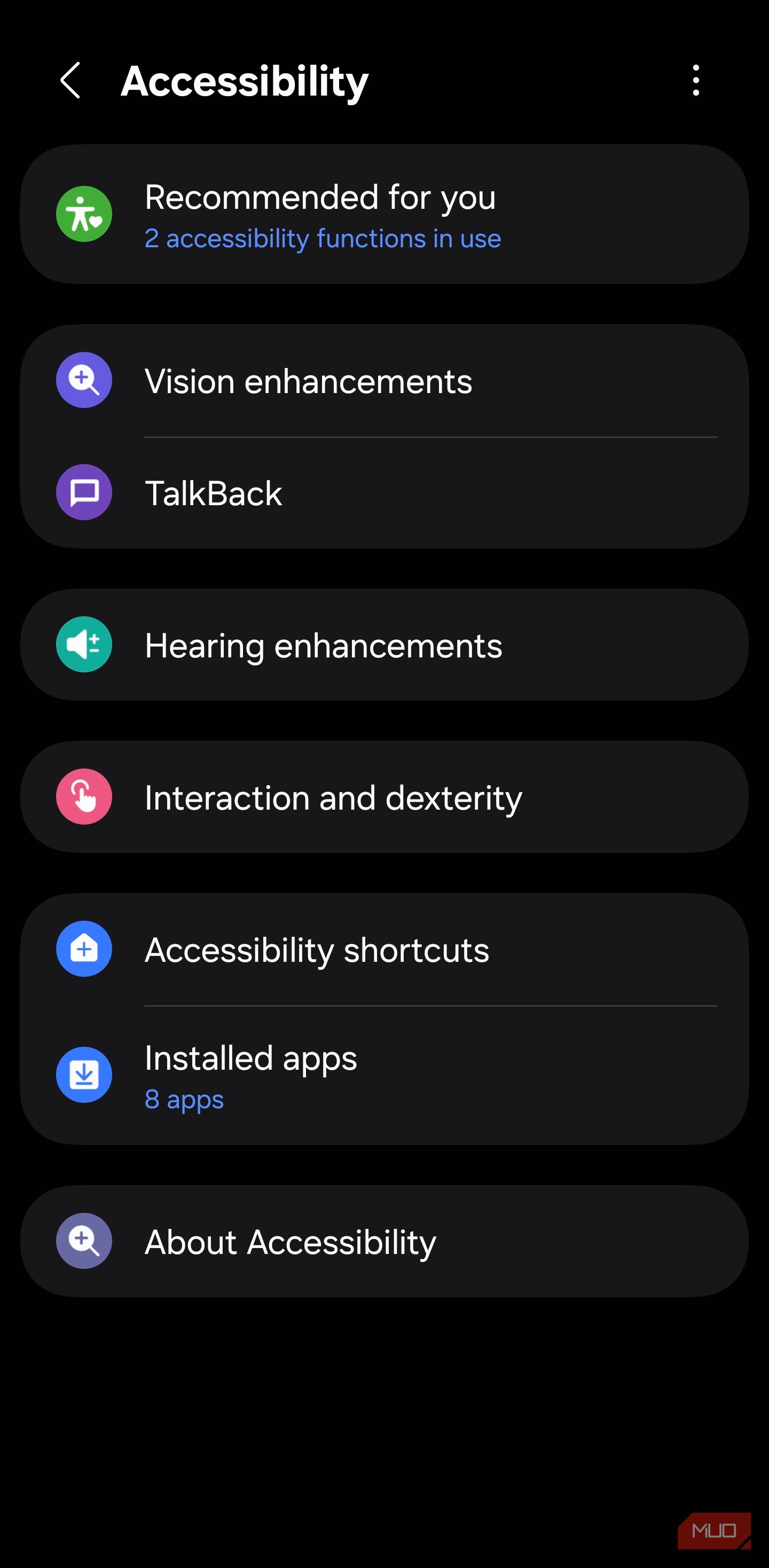 Interaction and dexterity option in Samsung Accessibility settings