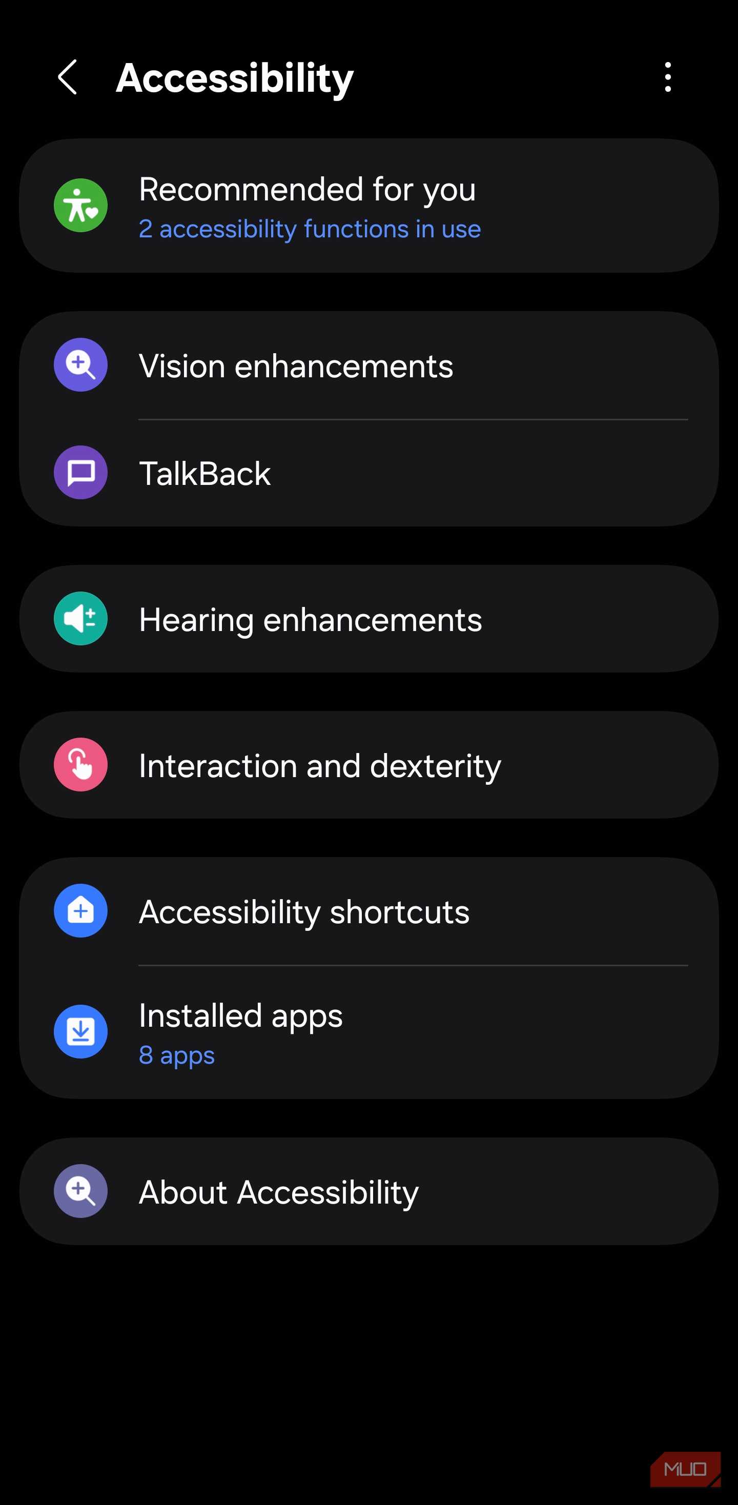 Interaction and dexterity option in Samsung Accessibility settings