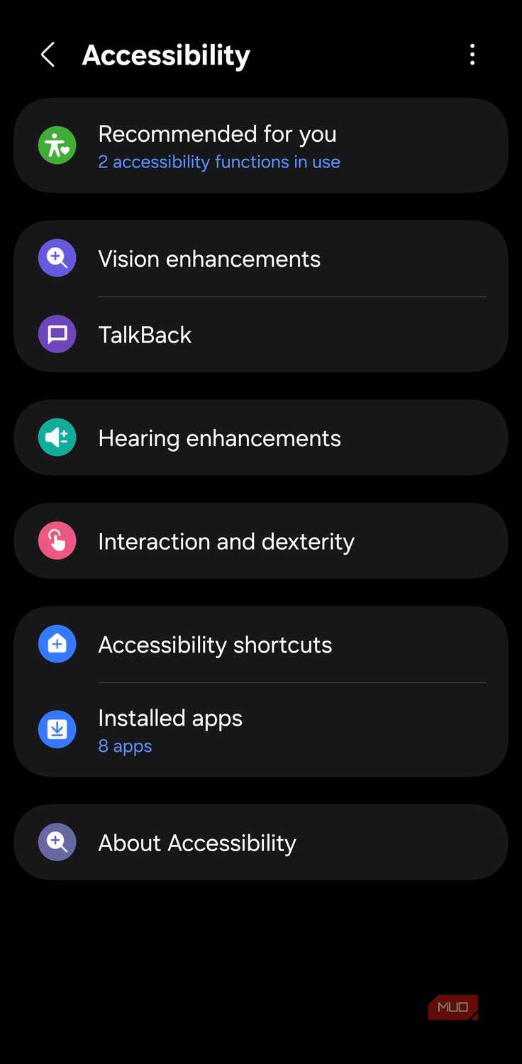Interaction and dexterity option in Samsung Accessibility settings