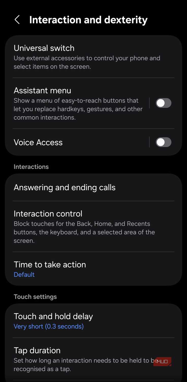 Interaction Control option in Samsung Accessibility settings