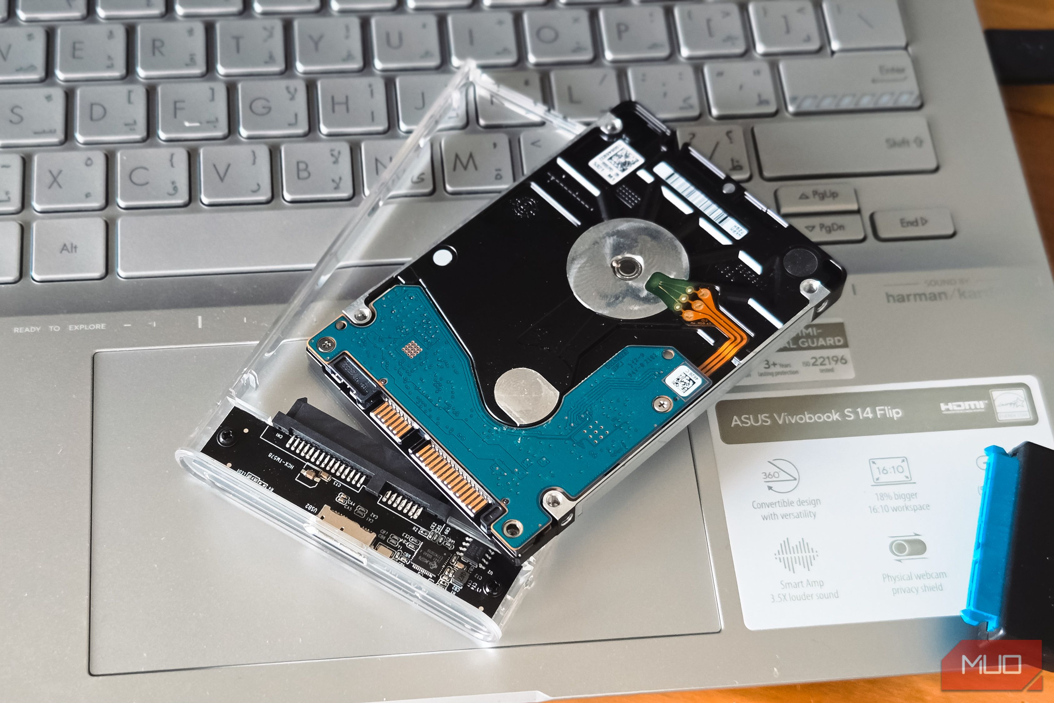 internal hard drive dismantled and kept on a laptop