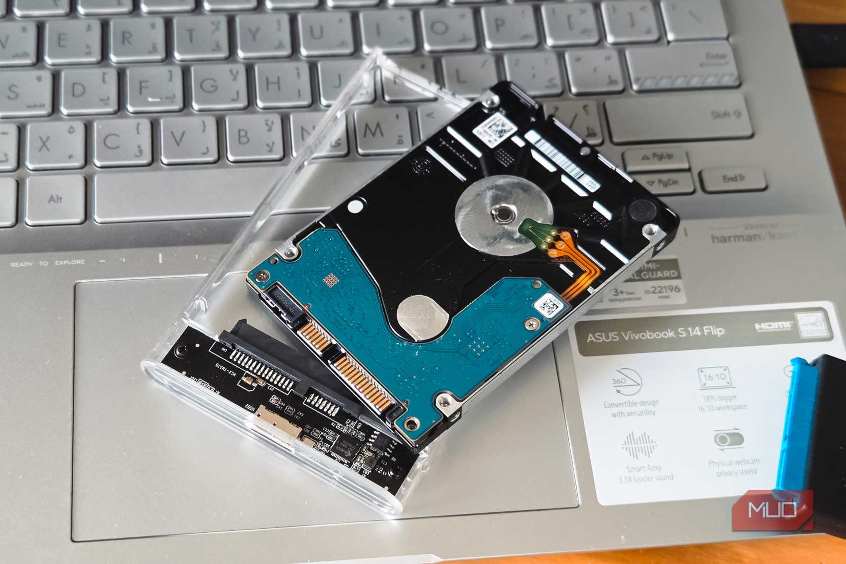 internal hard drive dismantled and kept on a laptop