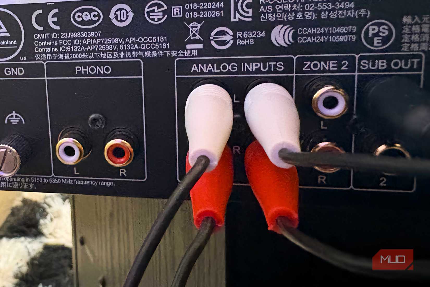 The RCA inputs on a JBL MA710 receiver.
